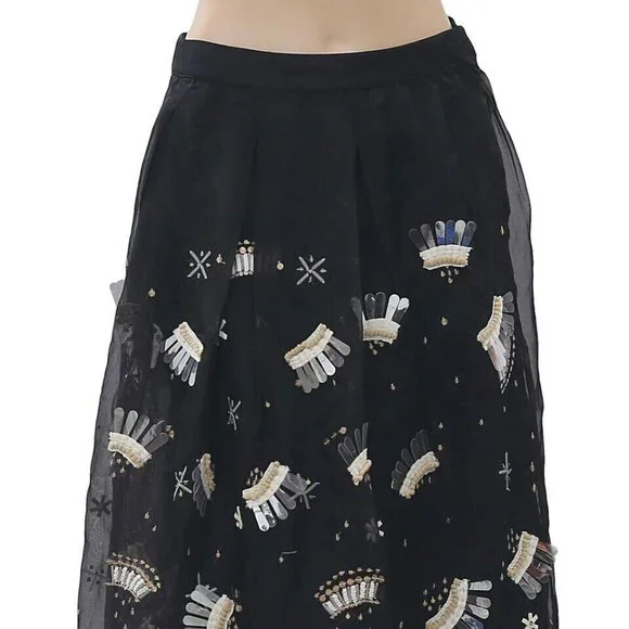Uterque Organza Embellished Black Midi Skirt High Waisted Flared XS New 264609